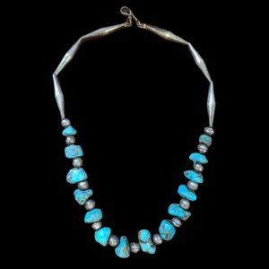 Navajo Sterling Silver Bead & Turquoise Nugget Necklace
